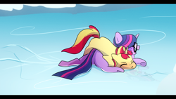 Size: 1280x720 | Tagged: safe, artist:little-tweenframes, derpibooru import, sci-twi, sunset shimmer, twilight sparkle, pony, equestria girls, cute, deleted from derpibooru, equestria girls ponified, eyes closed, female, glasses, ice, ice skating, lesbian, open mouth, ponified, scitwishimmer, shipping, sunsetsparkle, twiabetes, underhoof