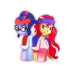 Size: 1000x1000 | Tagged: safe, artist:little-tweenframes, derpibooru import, sci-twi, sunset shimmer, twilight sparkle, series:sciset diary, equestria girls, clothes, competition, deleted from derpibooru, female, glasses, hell's kitchen, lesbian, looking up, scitwishimmer, shipping, shirt, sunsetsparkle, sweatband