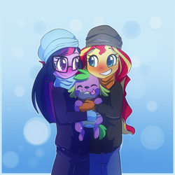 Size: 1000x1000 | Tagged: safe, artist:little-tweenframes, derpibooru import, sci-twi, spike, spike the regular dog, sunset shimmer, twilight sparkle, dog, series:sciset diary, equestria girls, blushing, clothes, coat, colored pupils, cute, deleted from derpibooru, female, lesbian, little-tweenframes is trying to murder us, lucky bastard, scarf, scitwishimmer, shimmerbetes, shipping, smiling, spikabetes, sunsetsparkle, trio, twiabetes