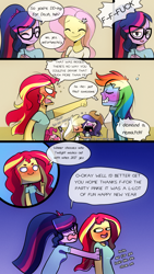 Size: 720x1280 | Tagged: safe, artist:little-tweenframes, derpibooru import, applejack, fluttershy, pinkie pie, rainbow dash, rarity, sci-twi, sunset shimmer, twilight sparkle, series:sciset diary, equestria girls, angry, blushing, cellphone, comic, cowboy hat, deleted from derpibooru, drunk, eyes closed, female, glasses, happy new year, happy new year 2017, hat, lesbian, looking back, mane six, new year, new years eve, phone, rarijack, scitwishimmer, shipping, smiling, stetson, sunsetsparkle, vulgar