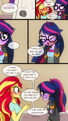 Size: 720x1280 | Tagged: safe, artist:little-tweenframes, derpibooru import, sci-twi, sunset shimmer, twilight sparkle, series:sciset diary, equestria girls, blushing, clothes, comic, crying, deleted from derpibooru, dialogue, door, drunk, female, glasses, lesbian, sad, scitwishimmer, shipping, sunsetsparkle