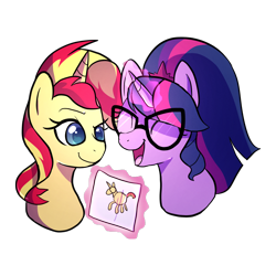 Size: 1000x1000 | Tagged: safe, artist:little-tweenframes, derpibooru import, sci-twi, sunset shimmer, twilight sparkle, pony, series:sciset diary, equestria girls, cute, deleted from derpibooru, drawing, eyes closed, female, glasses, glowing horn, happy, lesbian, ponified, scitwishimmer, shipping, simple background, smiling, sunsetsparkle, twiabetes