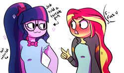 Size: 914x540 | Tagged: safe, artist:little-tweenframes, derpibooru import, sci-twi, sunset shimmer, twilight sparkle, series:sciset diary, equestria girls, :3, blushing, clothes, cute, deleted from derpibooru, dialogue, draw the squad, female, fuck you, glasses, jacket, lesbian, lidded eyes, looking at each other, no nose, open mouth, pointing, ponytail, scitwishimmer, shipping, simple background, smiling, smug, sparkles, sunsetsparkle, twiabetes, vulgar, white background