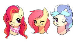 Size: 1280x720 | Tagged: safe, artist:little-tweenframes, derpibooru import, oc, oc only, oc:girasole, oc:hurricane, oc:sunny days, pony, bandana, cute, deleted from derpibooru, female, freckles, half-siblings, mare, next generation, ocbetes, offspring, one eye closed, parent:big macintosh, parent:fleetfoot, parent:fluttershy, parent:princess cadance, parents:cadmac, parents:fleetmac, parents:fluttermac, simple background, smiling, transparent background, trio, wink