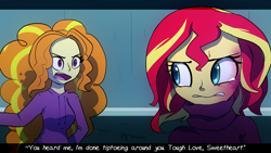Size: 1280x720 | Tagged: safe, artist:little-tweenframes, derpibooru import, adagio dazzle, sunset shimmer, equestria girls, clothes, deleted from derpibooru, dialogue, open mouth, tough love, widescreen