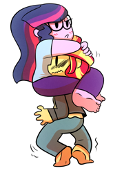 Size: 540x698 | Tagged: safe, artist:little-tweenframes, derpibooru import, sci-twi, sunset shimmer, twilight sparkle, series:sciset diary, equestria girls, barefoot, blushing, clothes, deleted from derpibooru, draw the squad, feet, female, glasses, hug, lesbian, no nose, pants, scitwishimmer, shipping, shirt, sunsetsparkle, wavy mouth