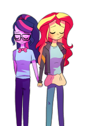 Size: 779x1144 | Tagged: safe, artist:little-tweenframes, derpibooru import, sci-twi, sunset shimmer, twilight sparkle, series:sciset diary, equestria girls, breasts, clothes, cute, deleted from derpibooru, eyes closed, female, glasses, holding hands, jacket, lesbian, pants, scitwishimmer, shipping, smiling, sunsetsparkle