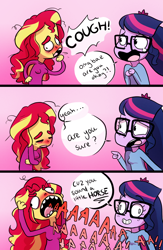 Size: 720x1105 | Tagged: safe, artist:little-tweenframes, derpibooru import, sci-twi, sunset shimmer, twilight sparkle, series:sciset diary, equestria girls, aaaaaaaaaa, angry, bad pun, clothes, comic, coughing, crying, deleted from derpibooru, dialogue, female, glasses, horse puns, joke, lesbian, lol, pun, scitwishimmer, shipping, sick, sunsetsparkle, this will end in pain