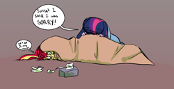 Size: 1000x511 | Tagged: safe, artist:little-tweenframes, derpibooru import, sci-twi, sunset shimmer, twilight sparkle, series:sciset diary, equestria girls, blanket, deleted from derpibooru, dialogue, female, lesbian, runny nose, scitwishimmer, shipping, sick, simple background, sunsetsparkle