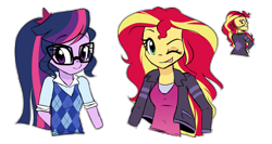 Size: 1280x683 | Tagged: safe, artist:little-tweenframes, derpibooru import, sci-twi, sunset shimmer, twilight sparkle, series:sciset diary, equestria girls, clothes, cute, deleted from derpibooru, female, glasses, lesbian, one eye closed, scitwishimmer, shimmerbetes, shipping, simple background, sunsetsparkle, twiabetes, wink