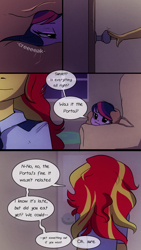 Size: 720x1280 | Tagged: safe, artist:little-tweenframes, derpibooru import, sci-twi, sunset shimmer, twilight sparkle, comic:the plan, series:sciset diary, equestria girls, blanket, clothes, comic, deleted from derpibooru, dialogue, door, female, lesbian, scitwishimmer, shipping, sleepy, sofa, sunsetsparkle