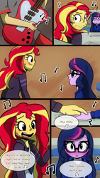 Size: 720x1280 | Tagged: safe, artist:little-tweenframes, derpibooru import, flash sentry, sci-twi, sunset shimmer, twilight sparkle, comic:the plan, series:sciset diary, equestria girls, blushing, comic, cute, deleted from derpibooru, electric guitar, female, glasses, guitar, lesbian, looking back, marriage proposal, music, music notes, nervous, scitwishimmer, shipping, singing, smiling, sunsetsparkle