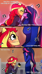 Size: 720x1280 | Tagged: safe, artist:little-tweenframes, derpibooru import, sci-twi, sunset shimmer, twilight sparkle, comic:the plan, series:sciset diary, equestria girls, blushing, clothes, comic, crying, deleted from derpibooru, engagement ring, eyes closed, female, kissing, kneeling, lesbian, marriage proposal, music notes, pants, ponied up, scitwishimmer, shipping, smiling, sunsetsparkle, wingless