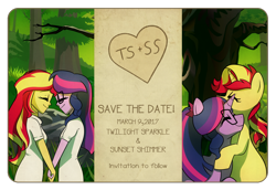 Size: 1280x879 | Tagged: safe, artist:little-tweenframes, derpibooru import, sci-twi, sunset shimmer, twilight sparkle, pony, series:sciset diary, equestria girls, clothes, cute, deleted from derpibooru, dress, eyes closed, female, invitation, lesbian, marriage, ponified, scitwishimmer, shimmerbetes, shipping, smiling, sunsetsparkle, twiabetes, wedding, wedding invitation, white dress