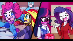 Size: 1280x720 | Tagged: safe, artist:little-tweenframes, derpibooru import, pinkie pie, rarity, sci-twi, sunset shimmer, twilight sparkle, series:sciset diary, equestria girls, blushing, box, clothes, coat, colored pupils, deleted from derpibooru, female, glasses, groceries, happy, lesbian, pun, scarf, scitwishimmer, shipping, smiling, suggestive description, sunsetsparkle, winter outfit