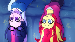 Size: 1280x720 | Tagged: safe, artist:little-tweenframes, derpibooru import, sci-twi, sunset shimmer, twilight sparkle, series:sciset diary, equestria girls, :i, clothes, cute, deleted from derpibooru, female, glasses, lesbian, open mouth, pajamas, scitwishimmer, scrunchy face, shimmerbetes, shipping, sunsetsparkle, television, twiabetes, upside down