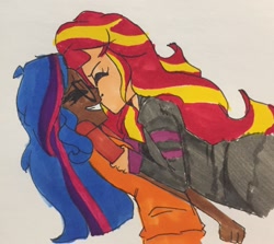 Size: 1280x1142 | Tagged: safe, artist:little-tweenframes, derpibooru import, sci-twi, sunset shimmer, twilight sparkle, series:sciset diary, equestria girls, cute, dark skin, deleted from derpibooru, eyes closed, female, human coloration, kissing, lesbian, scitwishimmer, shimmerbetes, shipping, simple background, smiling, sunsetsparkle, twiabetes