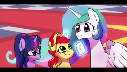 Size: 1280x720 | Tagged: safe, artist:little-tweenframes, derpibooru import, princess celestia, sci-twi, sunset shimmer, twilight sparkle, alicorn, pony, unicorn, series:sciset diary, deleted from derpibooru, female, glasses, glowing horn, invitation, lesbian, letter, magic, paper, ponified, scitwishimmer, shipping, smiling, sunsetsparkle, trio
