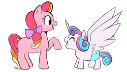 Size: 1111x628 | Tagged: safe, artist:little-tweenframes, derpibooru import, princess flurry heart, oc, oc:honeycrisp blossom, earth pony, pony, blank flank, cute, deleted from derpibooru, duo, half-siblings, next generation, offspring, open mouth, parent:big macintosh, parent:princess cadance, parents:cadmac, simple background, smiling, spread wings, white background