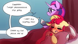 Size: 1280x720 | Tagged: safe, artist:little-tweenframes, derpibooru import, sci-twi, sunset shimmer, twilight sparkle, pony, series:sciset diary, bed, book, deleted from derpibooru, dialogue, eyes closed, female, glasses, hangover, lesbian, pillow, ponified, reading, scitwishimmer, shipping, speech bubble, sunsetsparkle