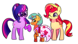 Size: 1280x720 | Tagged: safe, artist:little-tweenframes, derpibooru import, sci-twi, snails, sunset shimmer, twilight sparkle, pony, equestria girls, clothes, cute, deleted from derpibooru, dress, female, lesbian, ponified, scitwishimmer, shimmerbetes, shipping, simple background, sunsetsparkle, trio, twiabetes, unicorn sci-twi