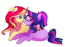 Size: 1100x800 | Tagged: safe, artist:doodledonut, artist:little-tweenframes, derpibooru import, sci-twi, sunset shimmer, twilight sparkle, pony, collaboration, series:sciset diary, equestria girls, boop, cuddling, cute, deleted from derpibooru, equestria girls ponified, female, glasses, lesbian, noseboop, ponified, ponytail, prone, scitwishimmer, shimmerbetes, shipping, simple background, snuggling, sunsetsparkle, twiabetes