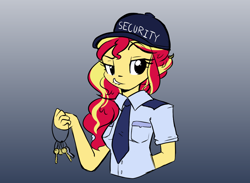 Size: 1000x731 | Tagged: safe, artist:little-tweenframes, derpibooru import, sunset shimmer, series:sciset diary, alternate hairstyle, bedroom eyes, cap, clothes, deleted from derpibooru, female, gradient background, hat, key, lip bite, ponytail, security guard, solo, uniform