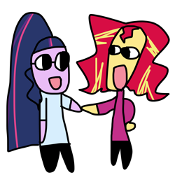 Size: 1000x1000 | Tagged: safe, artist:little-tweenframes, derpibooru import, sci-twi, sunset shimmer, twilight sparkle, series:sciset diary, equestria girls, clothes, deleted from derpibooru, doodle, female, glasses, holding hands, lesbian, looking at each other, open mouth, ponytail, scitwishimmer, shipping, simple background, smiling, stylistic suck, sunsetsparkle
