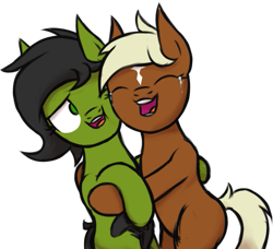 Size: 723x658 | Tagged: safe, artist:thehuskylord, oc, oc:anon filly, verity, earth pony, pony, controller, duo, duo female, female, filly, happy, hug, simple background, smiling