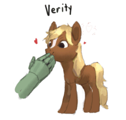Size: 723x694 | Tagged: safe, artist:rhorse, editor:hotkinkajou, oc, oc:anon, verity, earth pony, pony, art pack:marenheit 451 post-pack, animated, disembodied hand, female, filly, gif, hand, heart, human on pony petting, offscreen character, offscreen human, petting, ponified, scratching, simple background, solo focus, white background