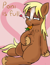 Size: 1367x1776 | Tagged: artist needed, safe, verity, earth pony, pony, art pack:marenheit 451 post-pack, carrot, chest fluff, dialogue, eating, female, food, heart, solo