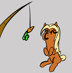 Size: 3000x3045 | Tagged: artist needed, safe, verity, earth pony, pony, carrot, female, fishing rod, food, simple background, sitting, solo