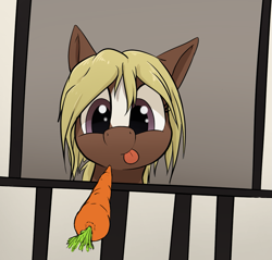 Size: 1093x1045 | Tagged: artist needed, safe, verity, earth pony, pony, art pack:marenheit 451 post-pack, carrot, female, food, solo, stable, tongue out
