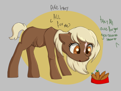 Size: 4000x3000 | Tagged: safe, artist:dumbwoofer, verity, earth pony, pony, art pack:marenheit 451 post-pack, carrot, dialogue, emaciated, female, food, food bowl, offscreen character, solo, starving