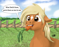 Size: 2500x2000 | Tagged: safe, artist:potes, verity, earth pony, pony, art pack:marenheit 451 post-pack, carrot, dialogue, eating, female, food, grass, grass field, signature, solo