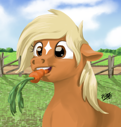 Size: 1900x2000 | Tagged: artist needed, safe, edit, verity, earth pony, pony, art pack:marenheit 451 post-pack, carrot, cropped, eating, female, food, grass, grass field, signature, solo