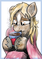 Size: 1275x1776 | Tagged: safe, artist:glutenfree_texmex, verity, earth pony, pony, blanket, chest fluff, chocolate, female, food, happy, hoof hold, hot chocolate, mug, smiling, solo