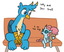 Size: 716x583 | Tagged: safe, artist:jargon scott, derpibooru import, gallus, ocellus, changedling, changeling, griffon, bench, cute, dialogue, duo, female, food, ice cream, ice cream cone, male, simple background, sitting, size difference, smol, spongebob squarepants, white background