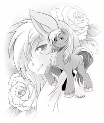 Size: 1792x2128 | Tagged: safe, artist:shiei, oc, oc:prime mover, earth pony, pony, bishonen, featured image, grayscale, male, manga, monochrome, rose, solo, sparkles