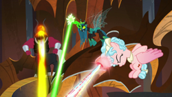 Size: 1920x1080 | Tagged: safe, derpibooru import, screencap, cozy glow, lord tirek, queen chrysalis, alicorn, changeling, changeling queen, the ending of the end, alicornified, cozycorn, race swap