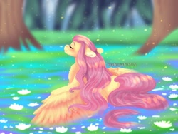 Size: 1024x768 | Tagged: safe, artist:malinraf1615, derpibooru import, fluttershy, pegasus, pony, alternate hairstyle, beautiful, blushing, chest fluff, cute, eyes closed, female, grass, leaf, lilypad, mare, river, shyabetes, solo, tree, water