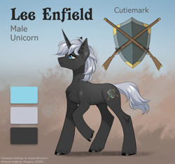 Size: 925x864 | Tagged: safe, artist:margony, derpibooru import, oc, oc only, oc:lee enfield, gun, reference sheet, rifle, shield, weapon