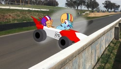 Size: 1280x728 | Tagged: safe, artist:didgereethebrony, derpibooru import, rainbow dash, scootaloo, pegasus, pony, the cart before the ponies, australia, bathurst, brock's skyline, crash, imminent crash, mlp in australia, mount panorama, mount panorama circuit, peter brock, race track, smoke, this will not end well, trace, tyre smoke