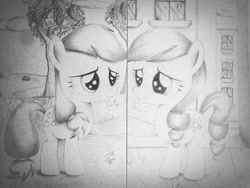 Size: 1024x769 | Tagged: safe, artist:theasce, derpibooru import, applejack, coloratura, earth pony, pony, the mane attraction, apple, apple tree, black and white, female, filly, grayscale, monochrome, traditional art, tree, younger