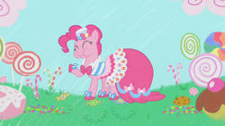 Size: 1280x720 | Tagged: safe, derpibooru import, screencap, pinkie pie, earth pony, pony, suited for success, candy, clothes, cute, diapinkes, dress, eating, female, food, gala dress, lollipop, mare, puffy cheeks