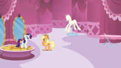 Size: 1280x720 | Tagged: safe, artist:boneswolbach, artist:dashiesparkle edit, derpibooru import, edit, editor:jaredking203, applejack, rarity, earth pony, pony, unicorn, carousel boutique, female, hat, mare, vector, vector edit