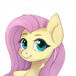 Size: 1024x1024 | Tagged: safe, artist:thisponydoesnotexist, derpibooru import, fluttershy, pegasus, pony, bust, eyebrows, neural network, portrait, simple background, smiling, solo, technically not fluttershy, white background