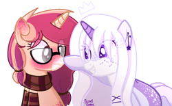 Size: 1050x650 | Tagged: safe, artist:pasteldraws, derpibooru import, oc, oc:dream-walker, oc:kay lea, unicorn, accessories, base used, best friends, blushing, boop, clothes, crush, cute, female, freckles, glasses, lesbian, scarf, simple background, socks, transparent background