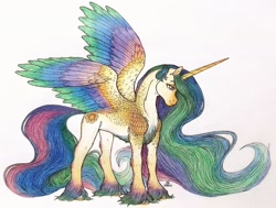 Size: 1280x967 | Tagged: safe, artist:bloodyblackquiet, derpibooru import, princess celestia, alicorn, pony, chest fluff, colored wings, female, mare, multicolored wings, simple background, solo, traditional art, unshorn fetlocks, white background, wings