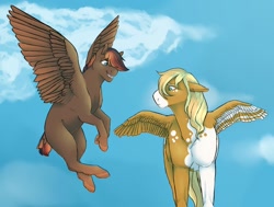 Size: 1280x969 | Tagged: safe, artist:vintagefeline, derpibooru import, oc, oc:don't blink, oc:olive laurel, pegasus, pony, blank flank, colt, duo, flying, male, offspring, parent:dumbbell, parent:fluttershy, parent:rainbow dash, parent:trouble shoes, parents:dumbdash, parents:troubleshy, small wings, wings